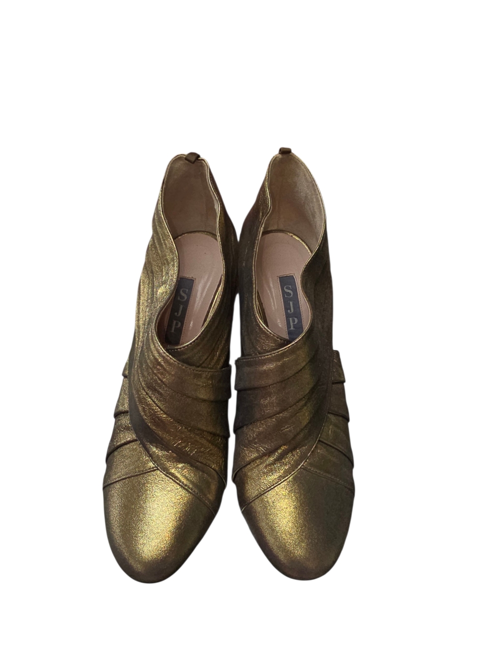 SJP by Sarah Jessica Parker Echo Karat Gold Pleated Ankle Booties Sz 37